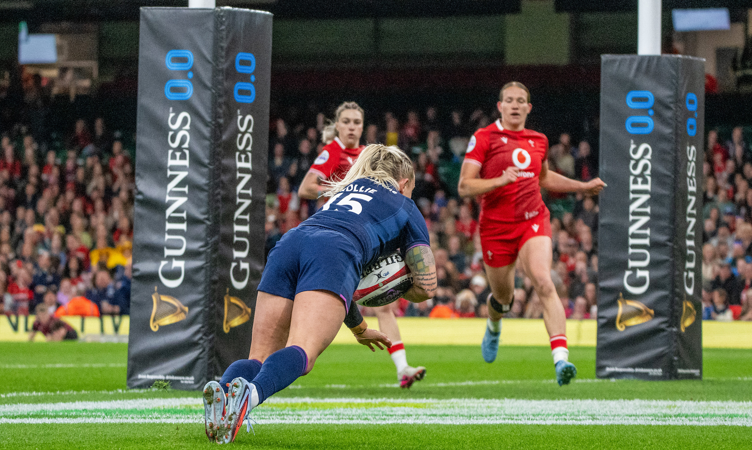Scotland's Chloe Rollie scores her sides 1st try of the match during the 2026 Guinness Women's Six Nations Championship Round 1 game between Wales and Scotland in Principality Stadium,