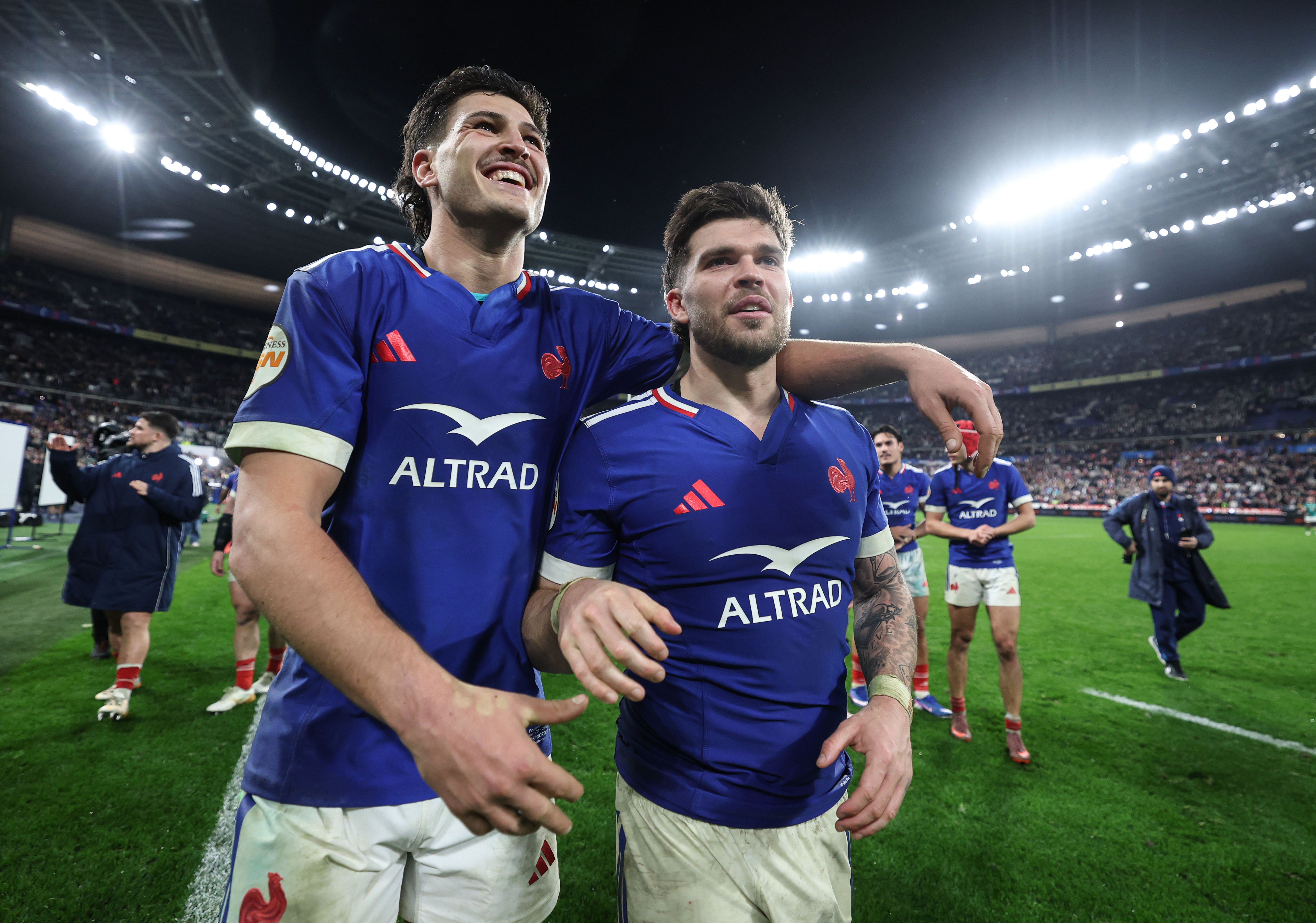 France's Nicolas Depoortere and Matthieu Jalibert celebrate after beating Ireland in the 2026 Championship opener.