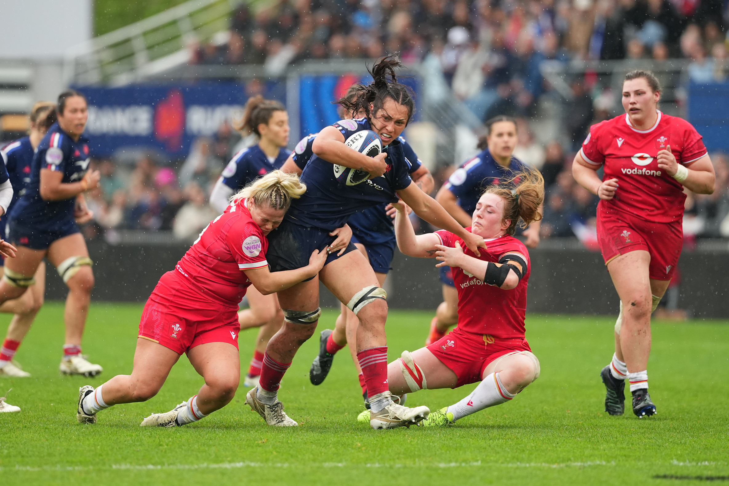 Manae Feleu of France takes on the Wales defence during the 2025 Guinness Women’s Six Nations Championship Round 3 game between France and Wales in the Stade Amedee-Domenech, Brive