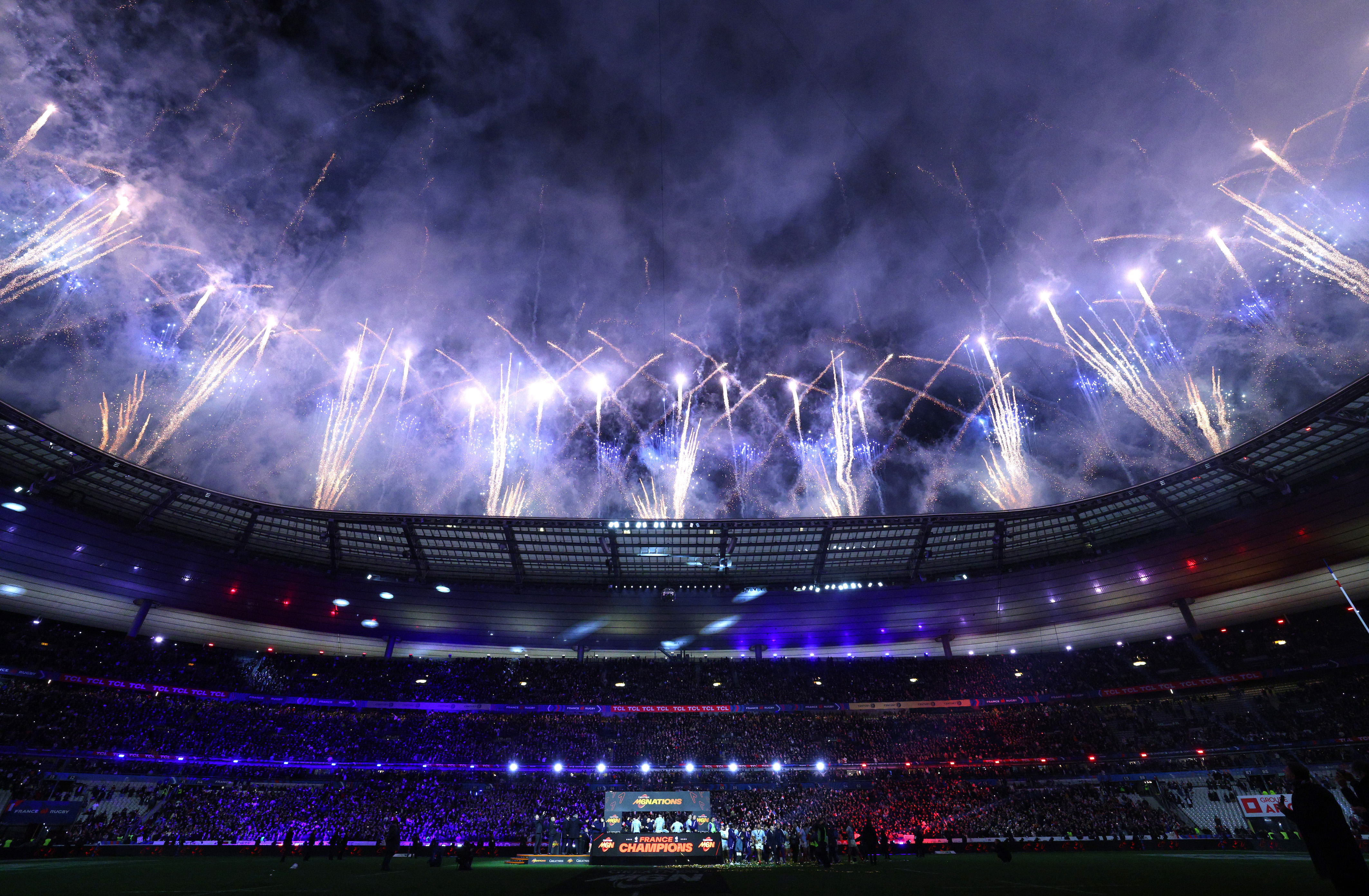 Fireworks over the Stade de France on Super Saturday 2026.