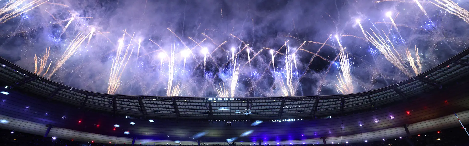 Fireworks over the Stade de France on Super Saturday 2026.