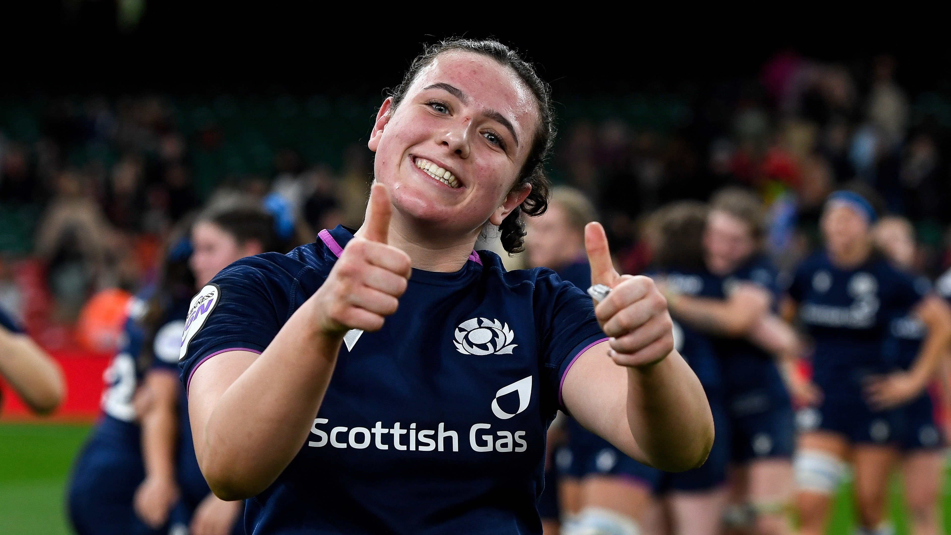 Scotland’s Holland Bogan celebrates after the 2026 Guinness Women's Six Nations Championship Round 1 game between Wales and Scotland in Principality Stadium, Cardiff