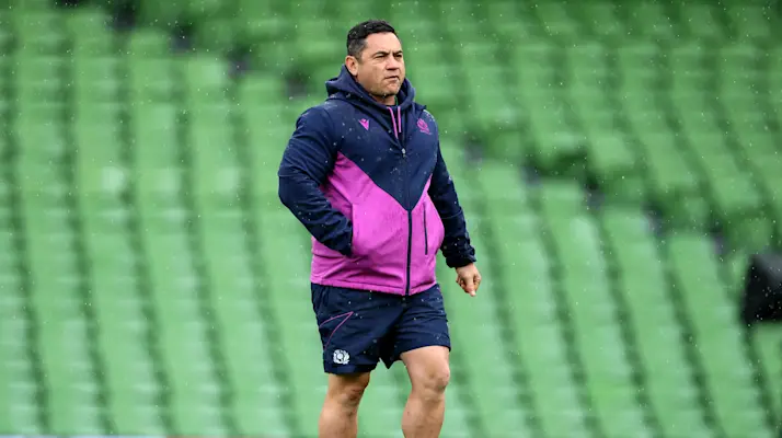 Scotland's Head Coach Sione Fukofuka inspects the pitch ahead of the 2026 Guinness Women's Six Nations Championship Round 5 game between Ireland and Scotland in Aviva Stadium, Dublin