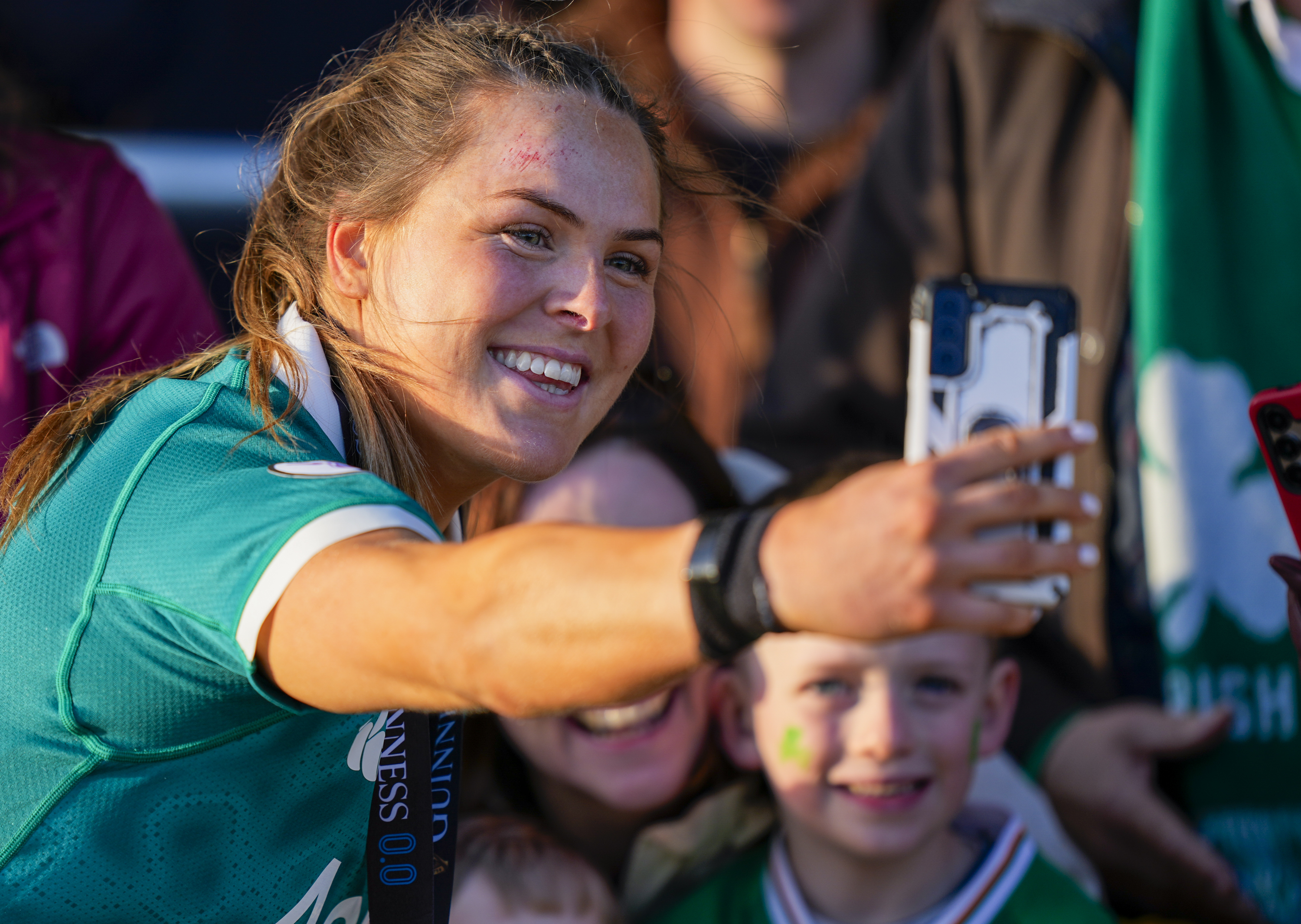 Ireland's Béibhinn Parsons with fans after the 2026 Guinness Women's Six Nations Championship Round 2 game between Ireland and Italy