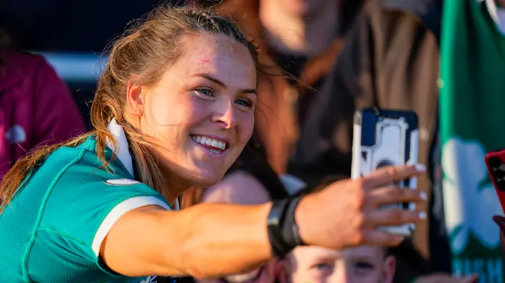 Ireland's Béibhinn Parsons with fans after the 2026 Guinness Women's Six Nations Championship Round 2 game between Ireland and Italy