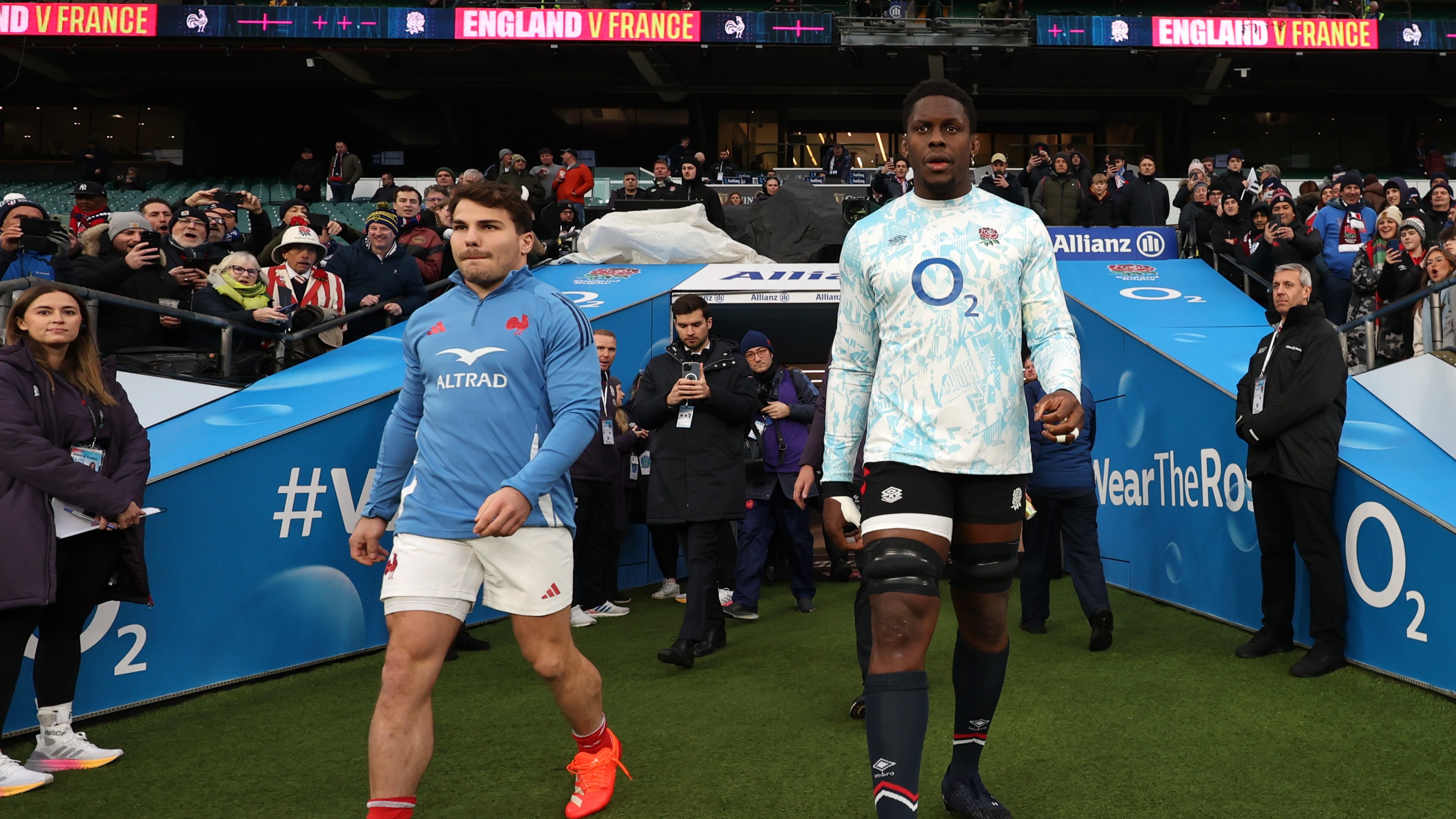 France's Antoine Dupont and England's Maro Itoje lead their teams out at Allianz Stadium ahead of their 2025 Guinness Men's Six Nations Championship match.