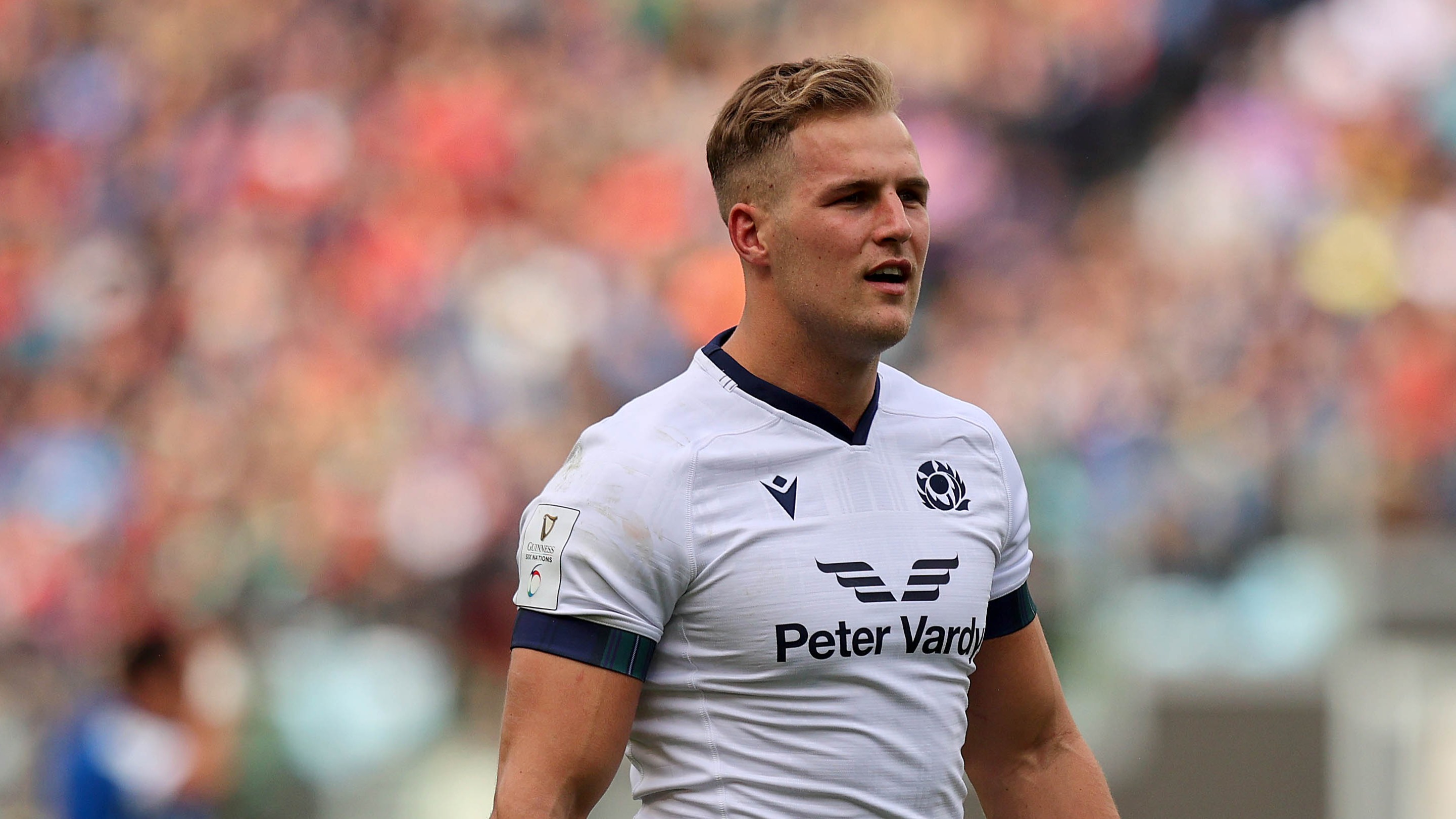 Scotland's Duhan van der Merwe warms up for the Italy match in the 2024 Guinness Six Nations Championship in Rome.