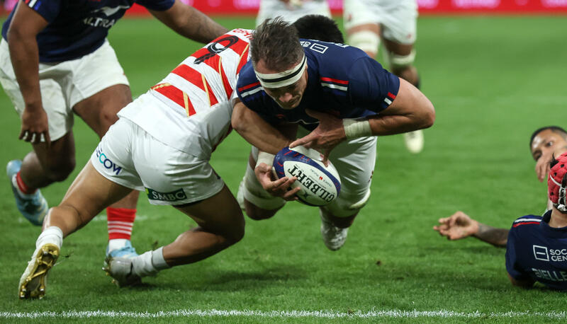 France's Alexandre Roumat scores his sides third try during the Autumn Nations Series between France and Japan at Stade de France, Paris, France Saturday, November 9th, 2024 (Photo by Tom Maher / Inpho)