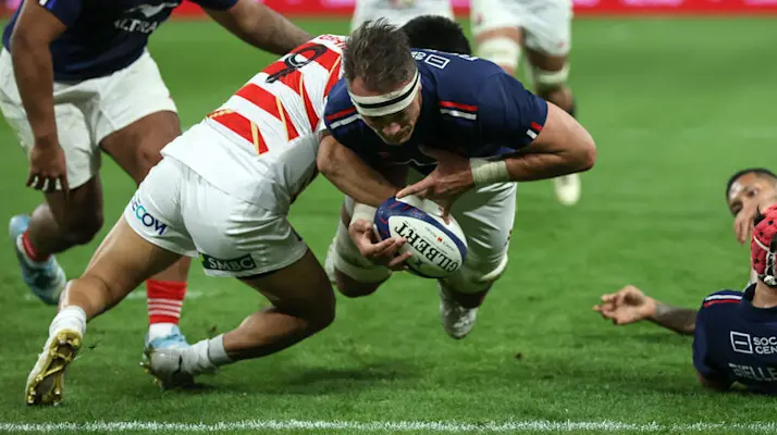 France's Alexandre Roumat scores his sides third try during the Autumn Nations Series between France and Japan at Stade de France, Paris, France Saturday, November 9th, 2024 (Photo by Tom Maher / Inpho)