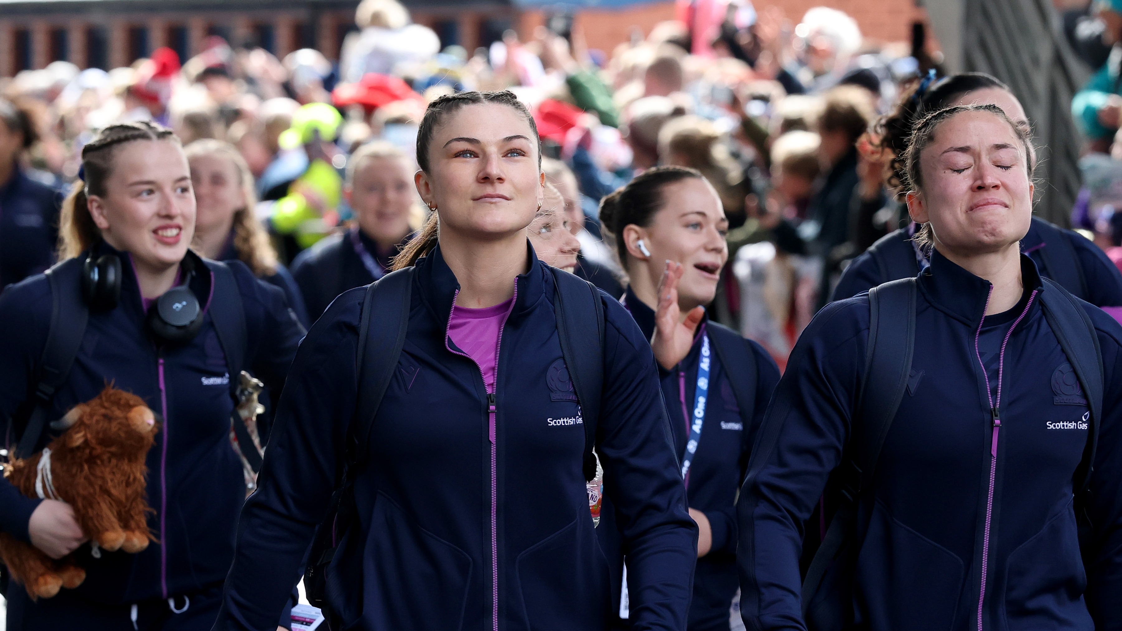 Scotland's Helen Nelson, Rianna Darroch and Rhona Lloyd arrive before the 2026 Guinness Women's Six Nations Championship Round 2 game between Scotland and England in Scottish Gas Murrayfield, Edinburgh