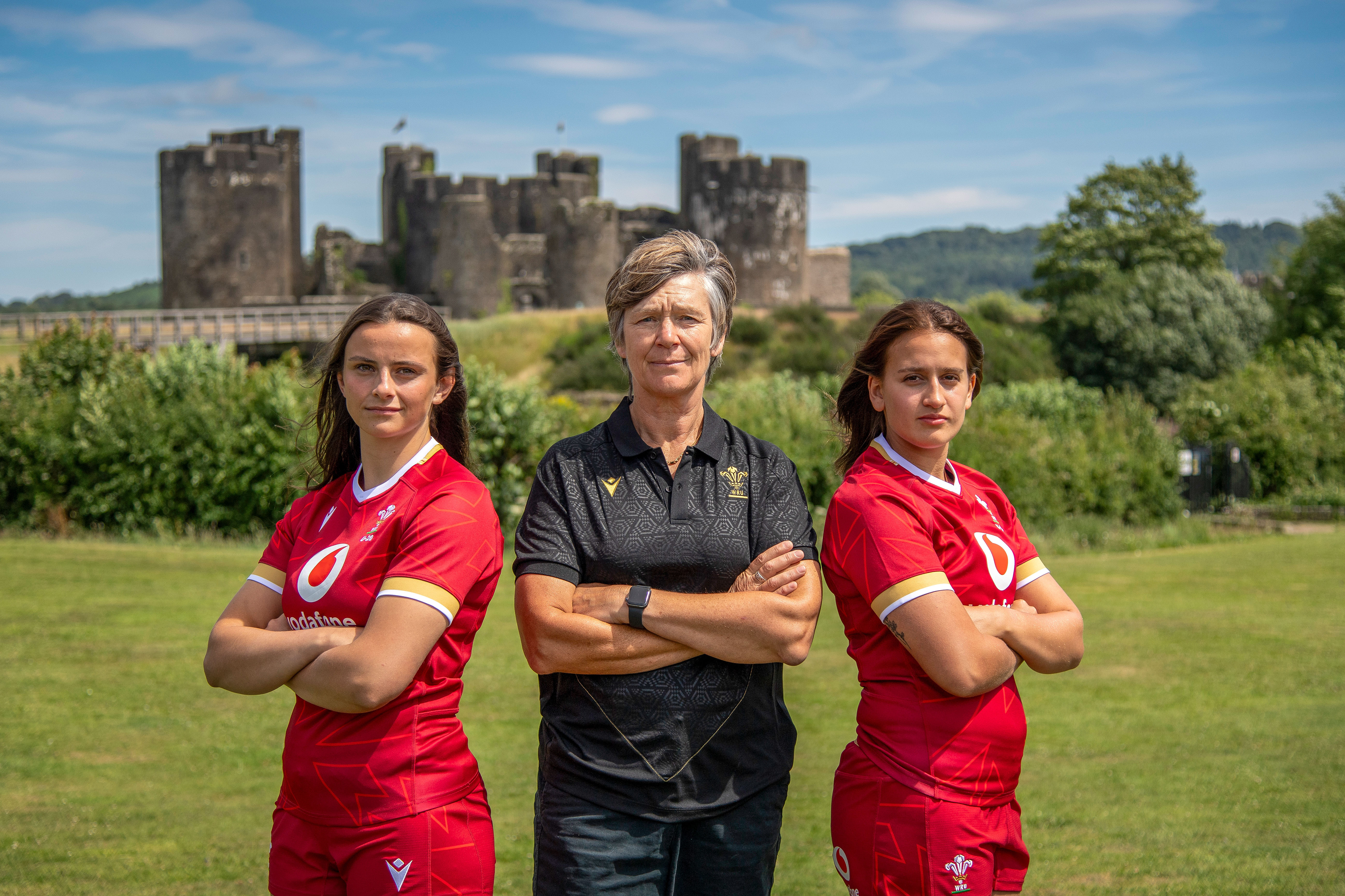 Branwen Metcalfe and Carys Hughes with head coach Liza Burgess
