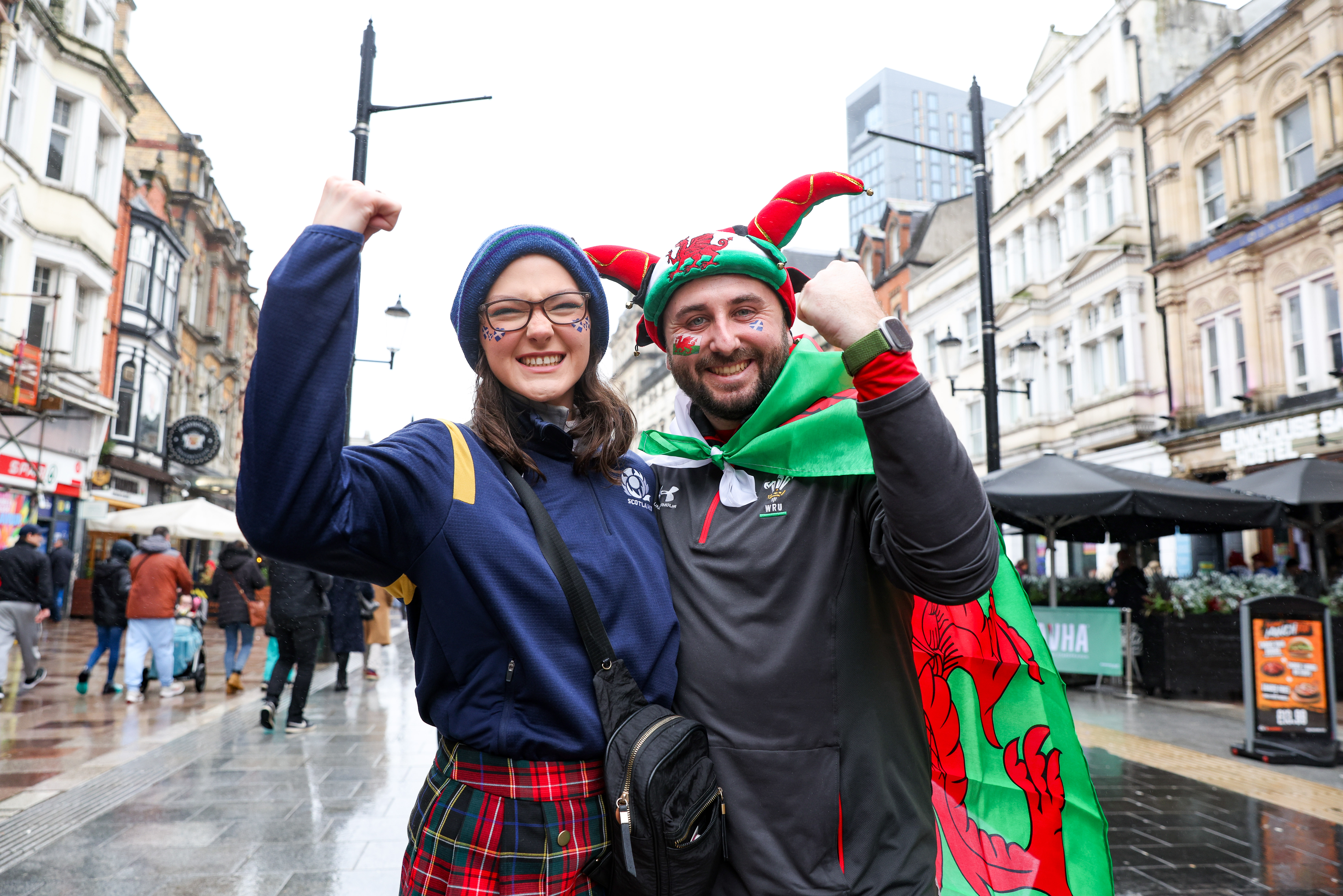 A Scotland and Wales fan on Cardiff's St Mary Street during the 2024 Guinness Men's Six Nations Championship.