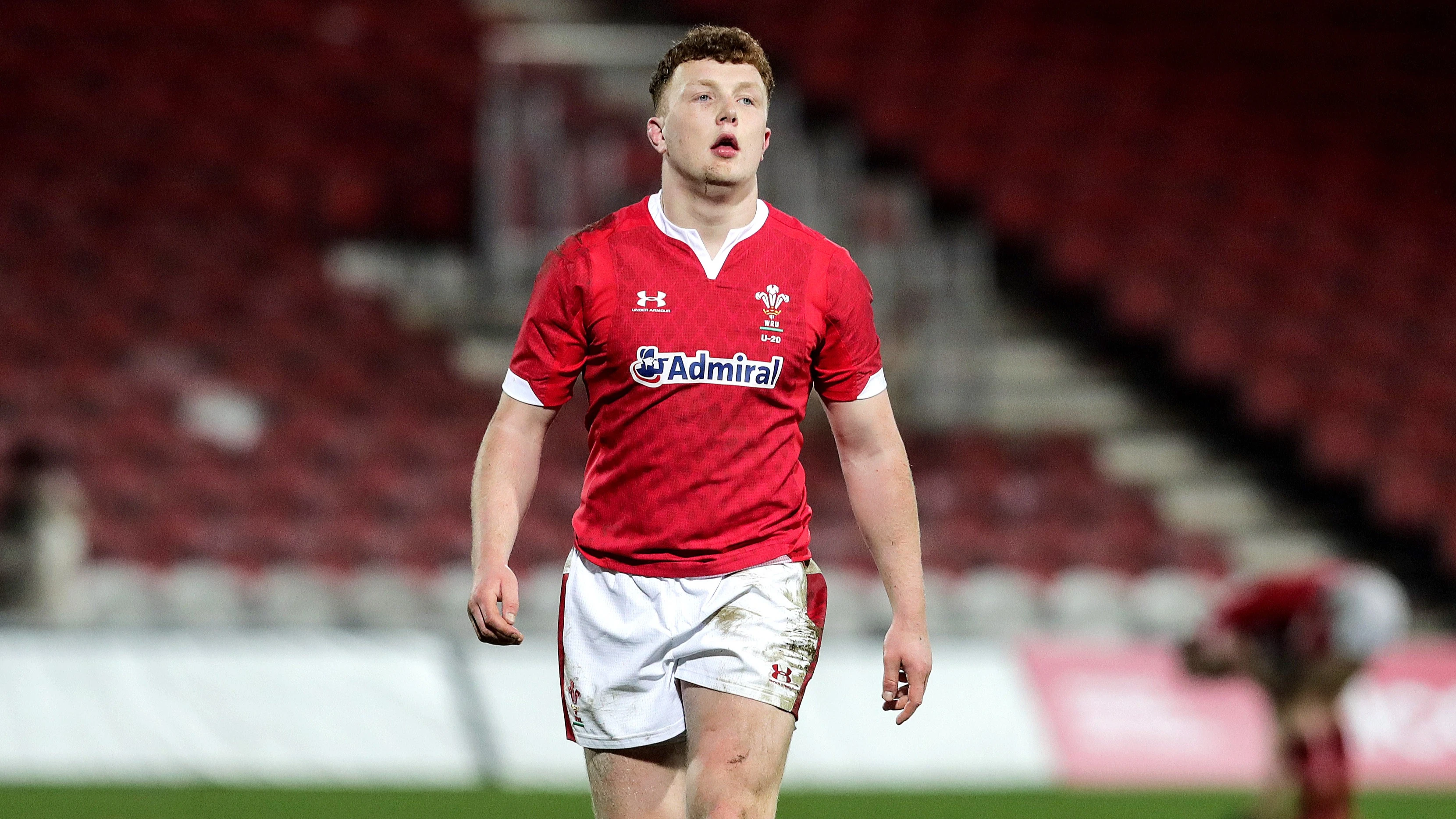 Wales' Aneurin Owen pictured during a break in play of a U20 Six Nations match in 2020.