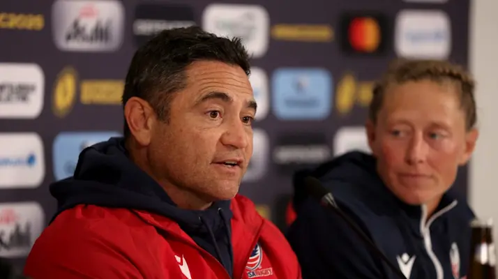 Sione Fukofuka speaks at a USA Rugby press conference.