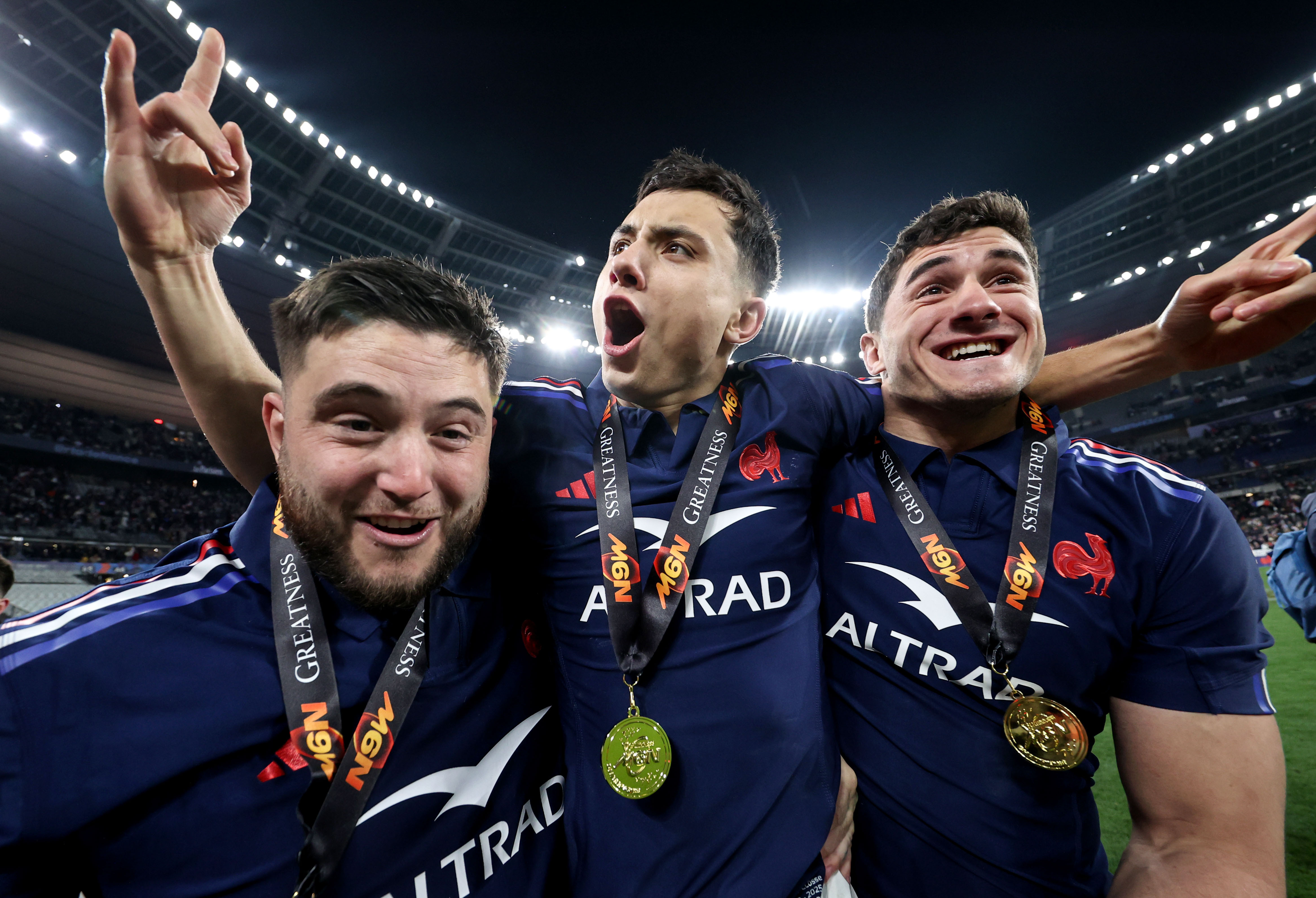 France's Cyril Baille, Louis Bielle-Biarrey and Paul Boudehent after the 2025 Guinness Six Nations Championship Round 5 game between France and Scotland in the Stade de France, Paris, France, Saturday, March 15, 2025 (Photo by Dan Sheridan / Inpho)
