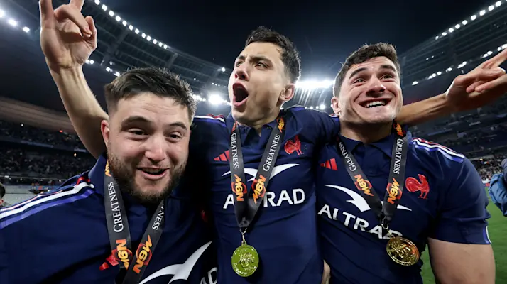 France's Cyril Baille, Louis Bielle-Biarrey and Paul Boudehent after the 2025 Guinness Six Nations Championship Round 5 game between France and Scotland in the Stade de France, Paris, France, Saturday, March 15, 2025 (Photo by Dan Sheridan / Inpho)