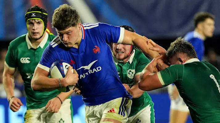 France's Romeo Bonnard Martin on his way to scoring his side's second try of the match during the 2026 Under 20 Six Nations Championship Round 1 game against Ireland in Perpignan.