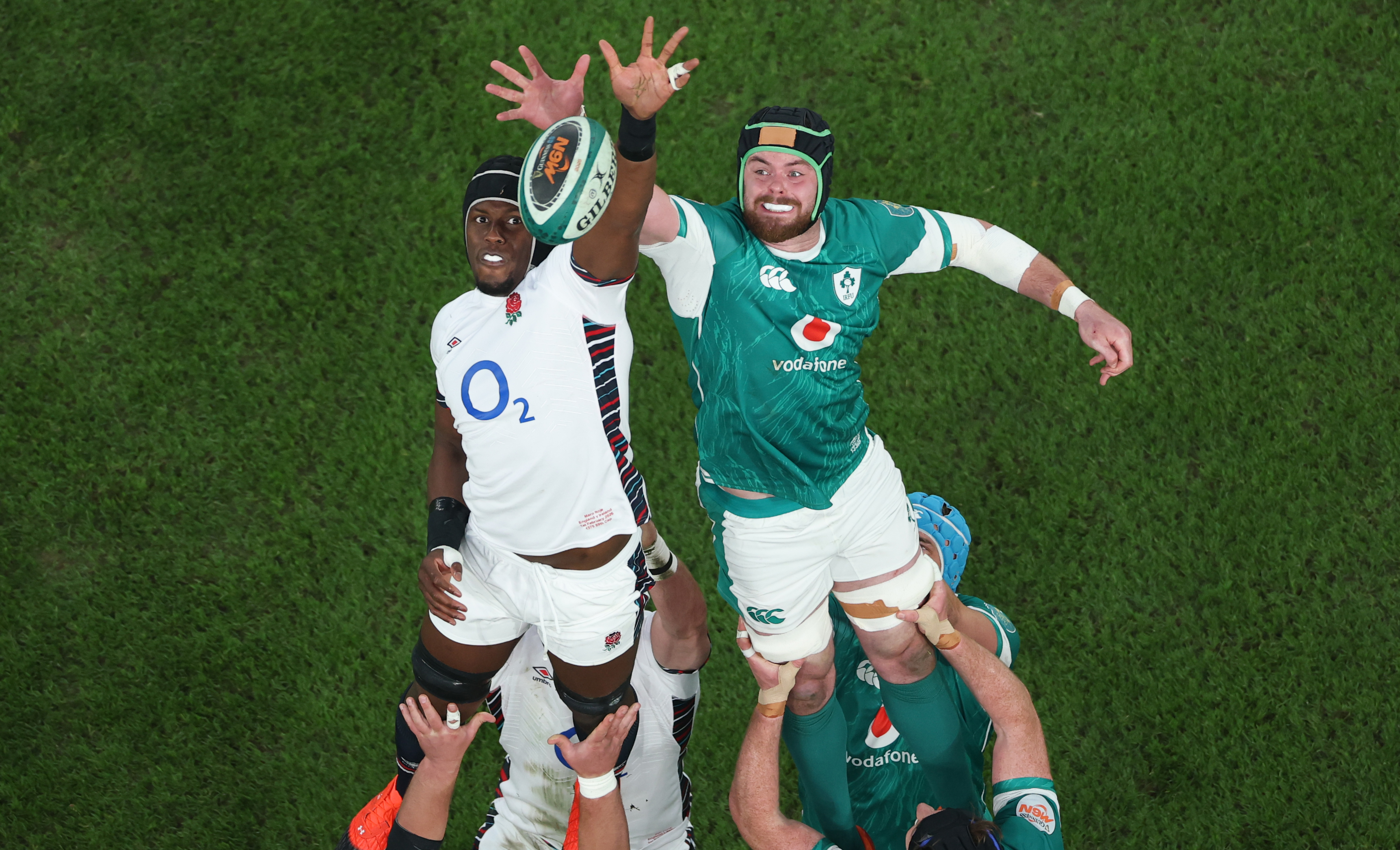 England's Maro Itoje and Ireland's James Ryan compete for the ball at a lineout during the 2025 Championship match in Dublin.