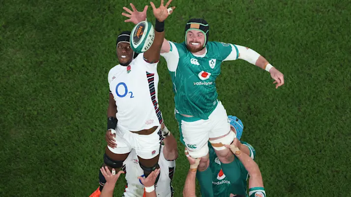 England's Maro Itoje and Ireland's James Ryan compete for the ball at a lineout during the 2025 Championship match in Dublin.