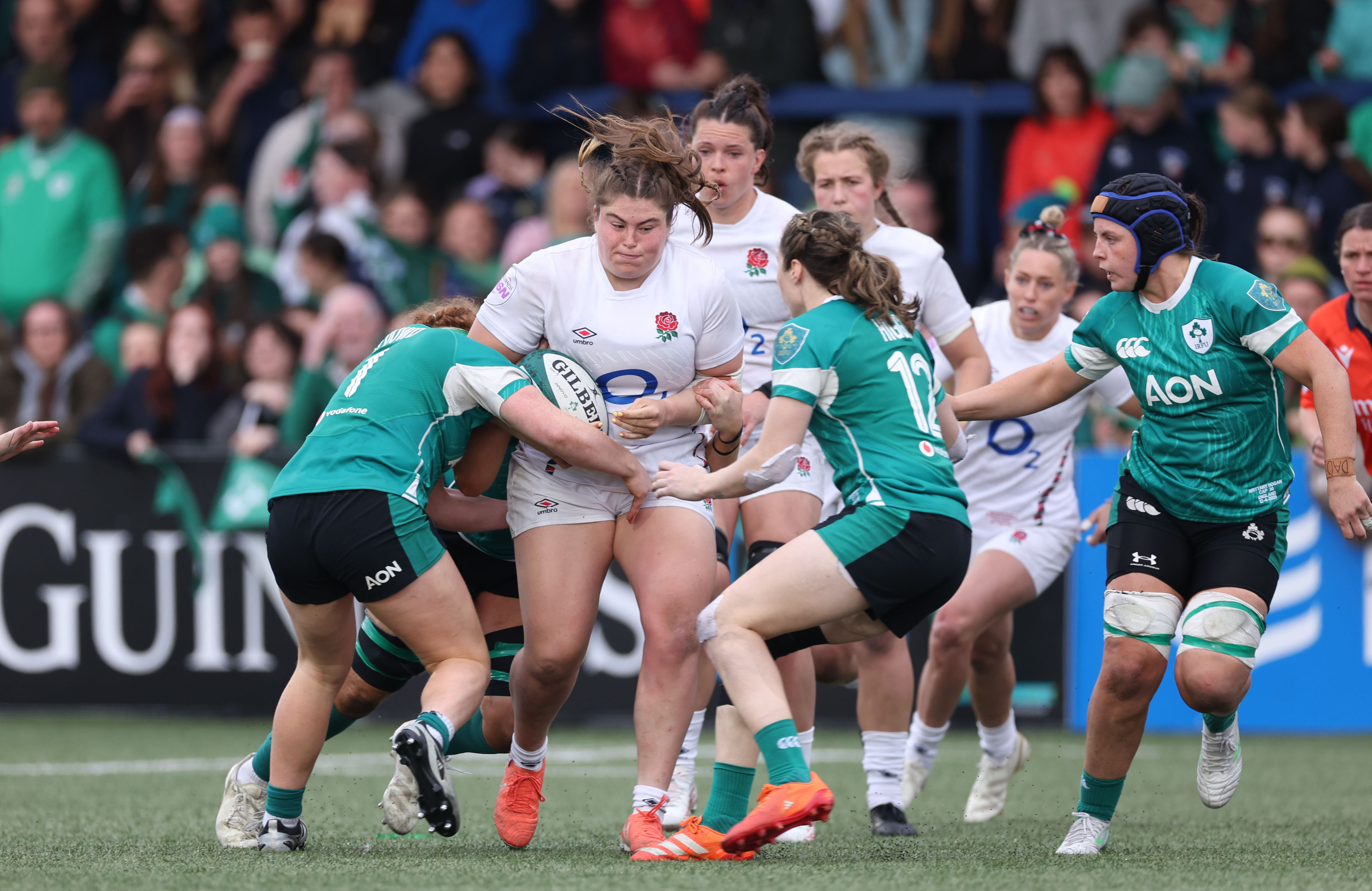 England’s Maud Muir tries to burst through the Irish defence during 2025 Guinness Women's Six Nations match in Virgin Media Park, Cork.