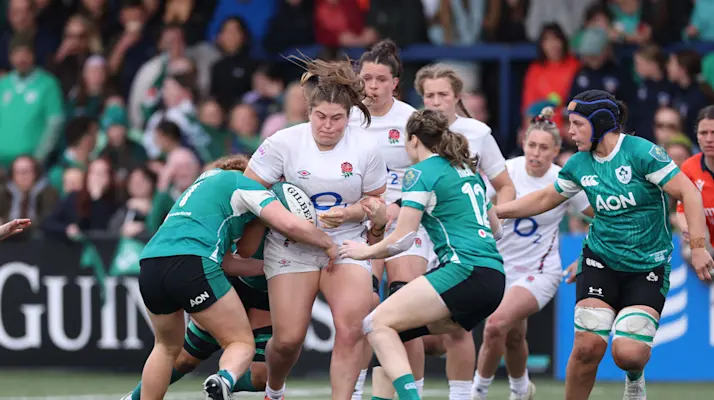 England’s Maud Muir tries to burst through the Irish defence during 2025 Guinness Women's Six Nations match in Virgin Media Park, Cork.