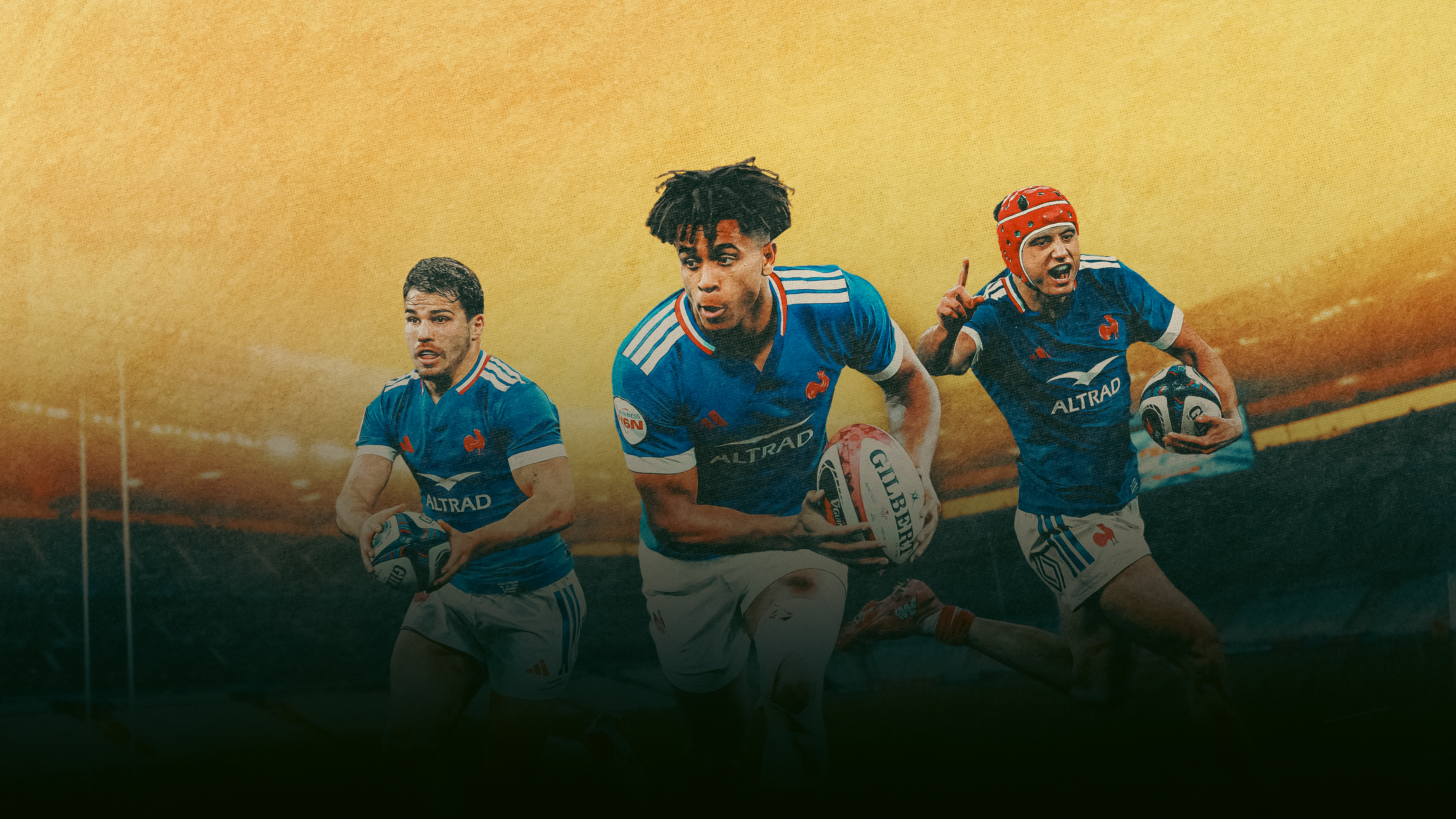 An image of a trio of French players promoting France's game against Argentina in the 2026 Nations Championship.