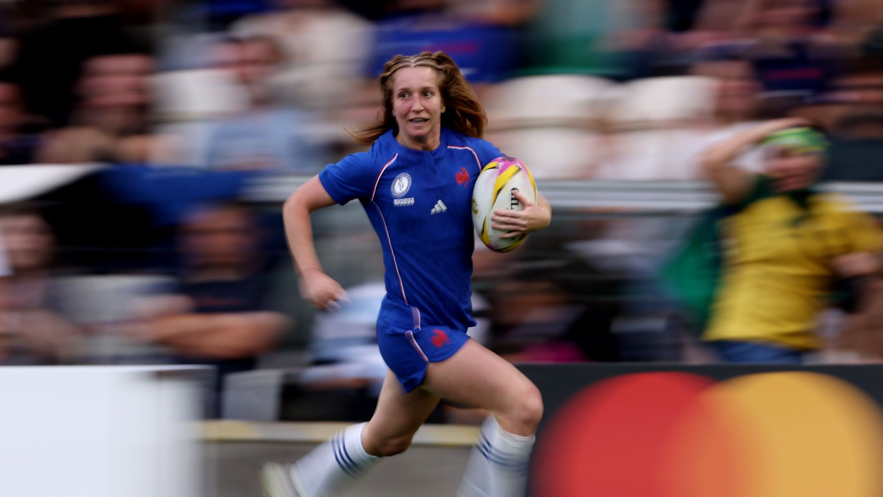 Pauline Bourdon Sansus of France runs clear to score a try before it is ruled out by the TMO during the Women's Rugby World Cup 2025