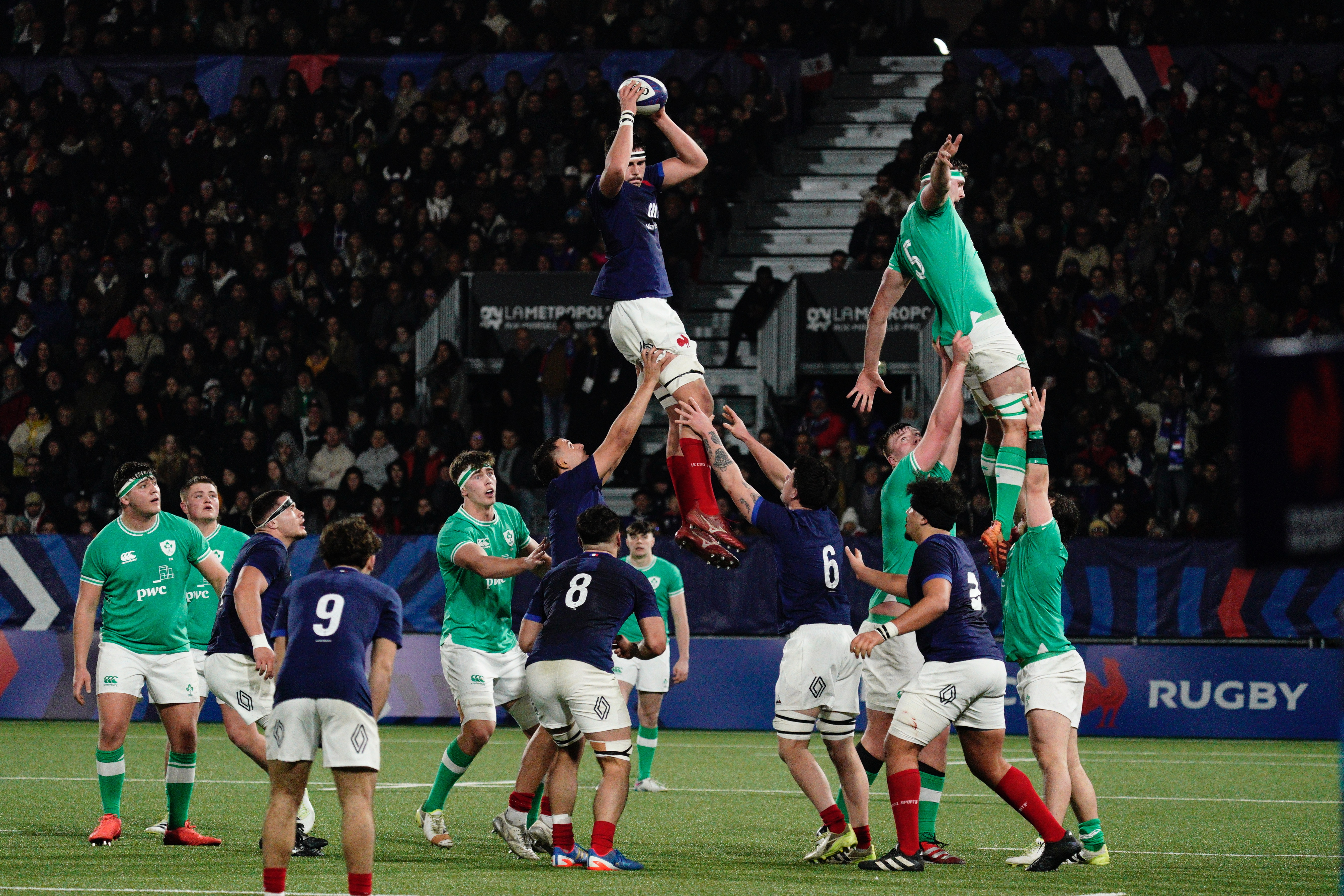 Corentin Mezou of France claims a line-out during the 2024 Under 20 Six Nations Championship Round 1 between France U20 and Ireland U20 in the Stade Maurice David, Aix-en-Provence, France, February 3, 2024 (Photo by Dave Winter / Inpho) 