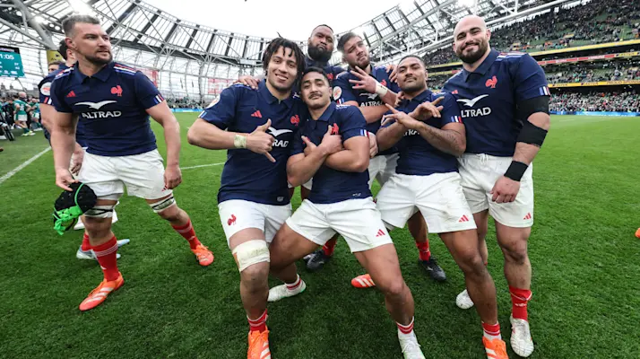 France players celebrate after the 2025 Six Nations Championship Round 4 between Ireland and France in Aviva Stadium, Dublin, Ireland, Saturday, March 8, 2025 (Photo by Billy Stickland / Inpho)