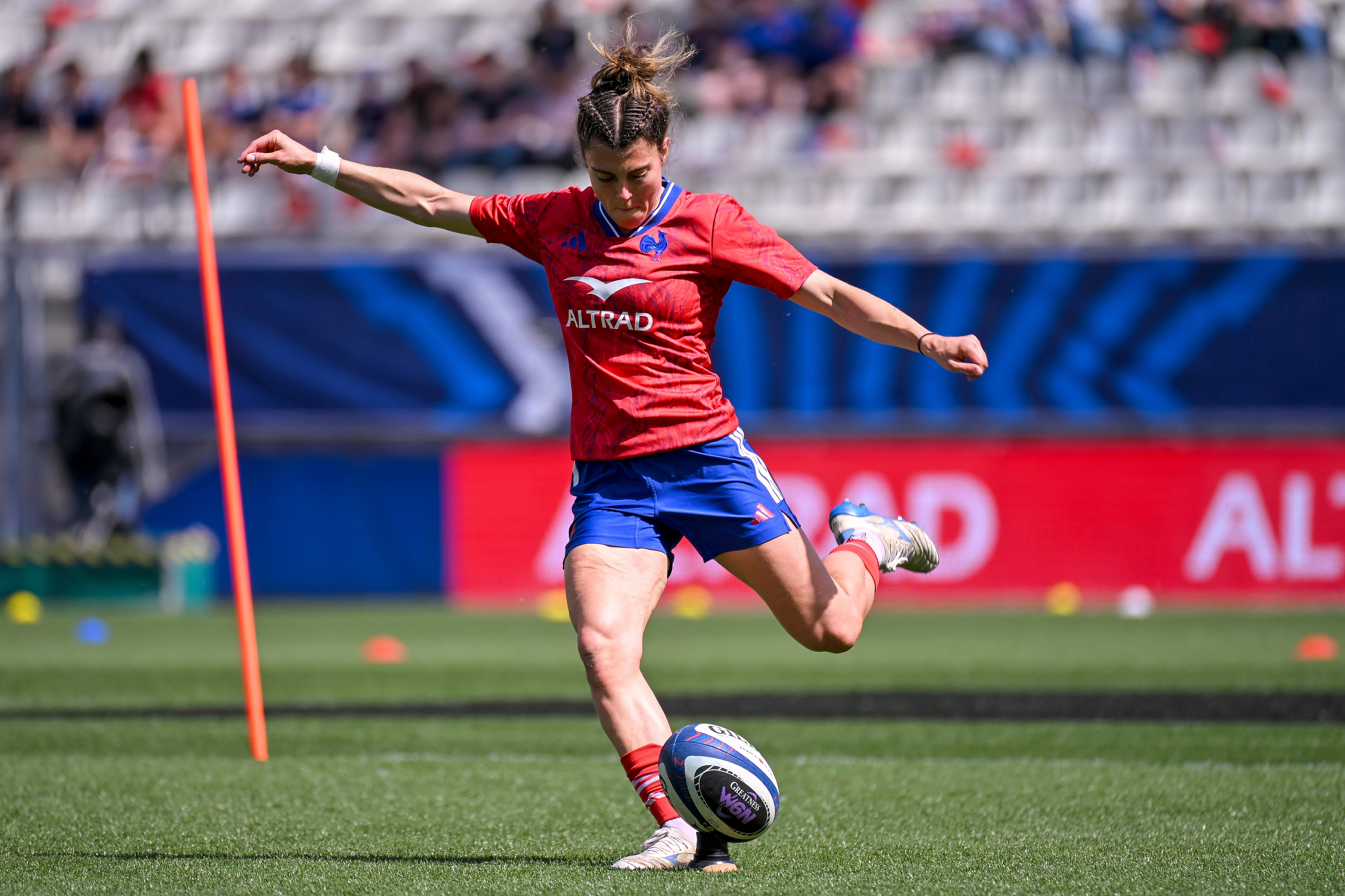 France's Carla Arbez during the warm up ahead of the 2026 Guinness Women's Six Nations Championship Round 1 game between France and Italy in Alpine Stadium, Grenoble,