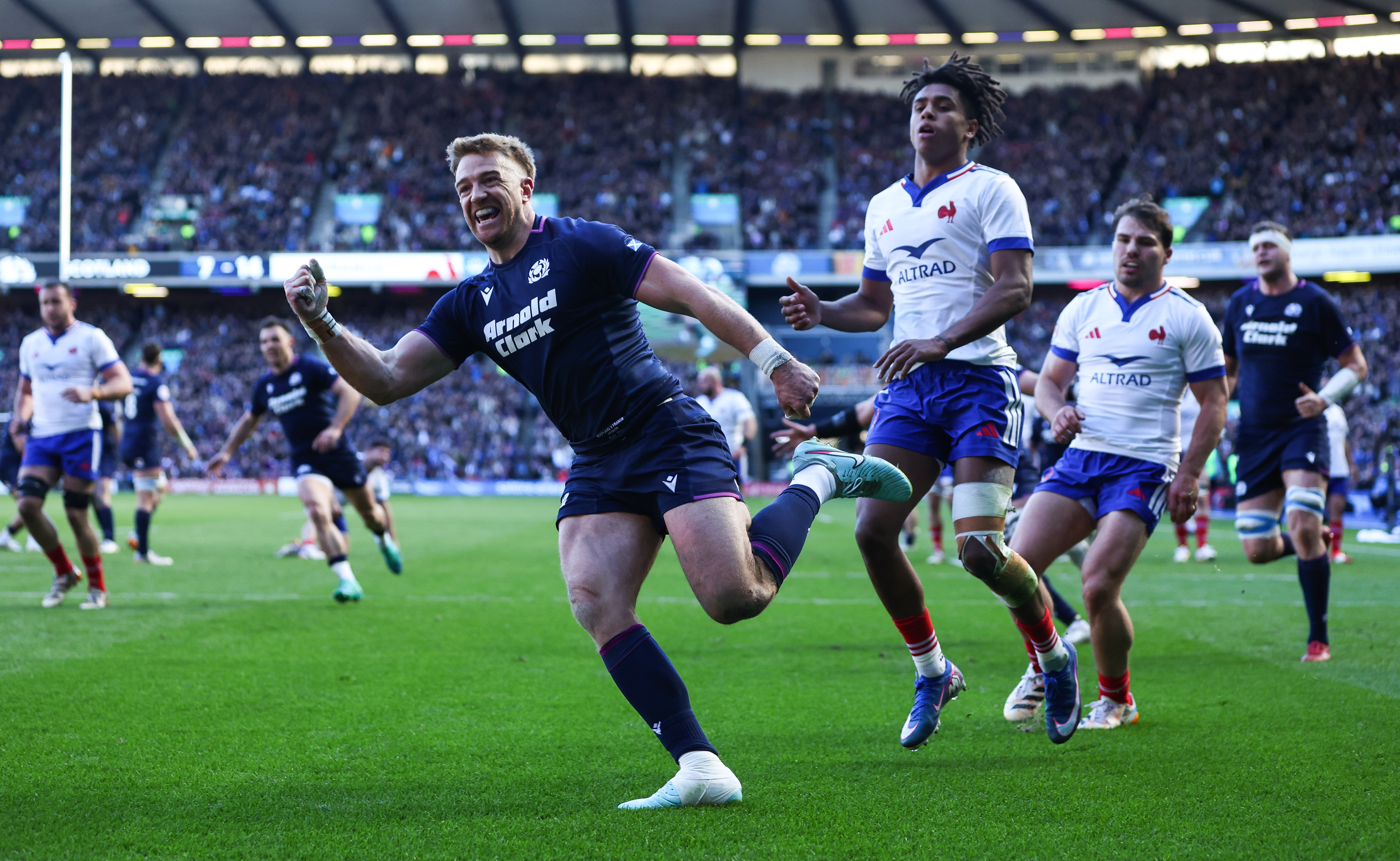 Kyle Steyn celebrates scoring a try against France in the round four match of the 2026 Championship.