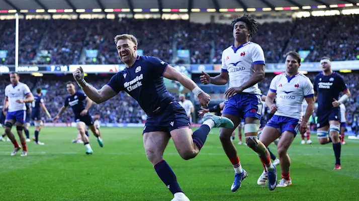 Kyle Steyn celebrates scoring a try against France in the round four match of the 2026 Championship.