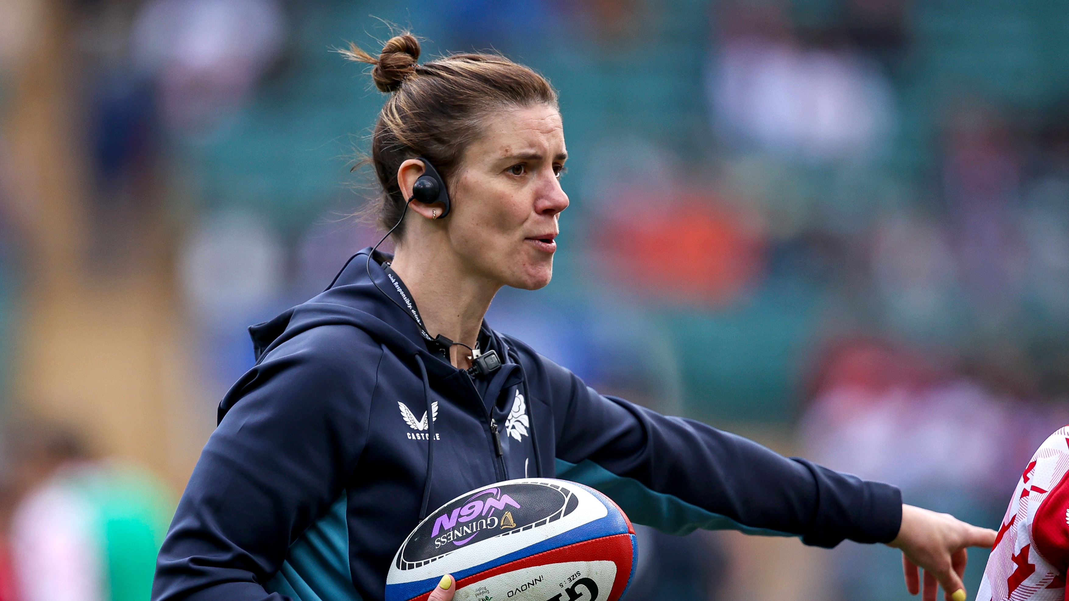 England's Defence Coach Sarah Hunter during the warm up ahead of the 2026 Guinness Women's Six Nations Championship Round 1 game between England and Ireland in Allianz Stadium, Twickenham