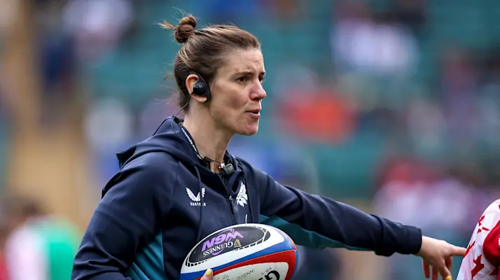 England's Defence Coach Sarah Hunter during the warm up ahead of the 2026 Guinness Women's Six Nations Championship Round 1 game between England and Ireland in Allianz Stadium, Twickenham