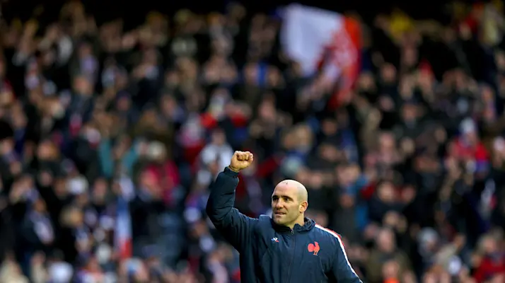 France's Maxime Lucu celebrates winning after the 2024 Guinness Six Nations Championship Round 2 between Scotland and France in Scottish Gas Murrayfield, Edinburgh, Scotland Saturday, February 10, 2024 (Photo by Ryan Byrne / Inpho)
