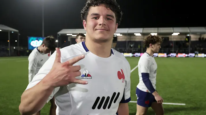 France's Lyam Akrab celebrates after the 2024 Under 20 Six Nations Championship Round 2 between Scotland U20 and France U20 in Hive Stadium, Edinburgh, Scotland Friday, February 09, 2024 (Photo by Laszlo Geczo / Inpho)
