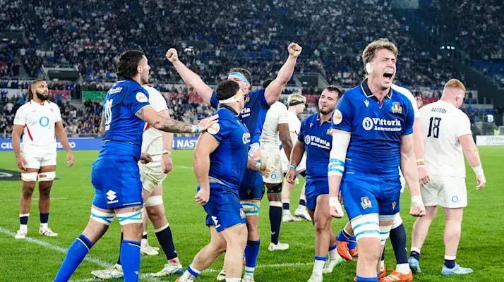 Federico Ruzza and teammates celebrate after Italy's first ever win against England, which took place in the 2026 Guinness Men's Six Nations at Stadio Olimpico, Rome.