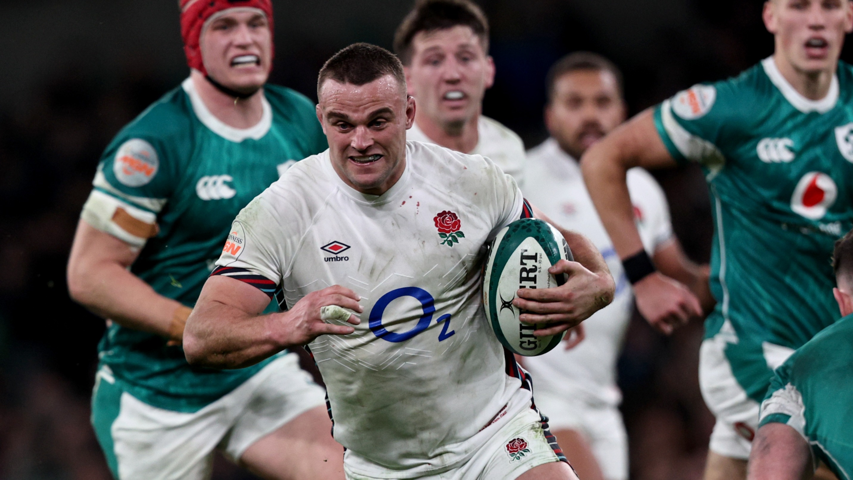 England's Ben Earl takes on Ireland's Hugo Keenan during the 2025 Championship.