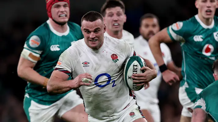 England's Ben Earl takes on Ireland's Hugo Keenan during the 2025 Championship.