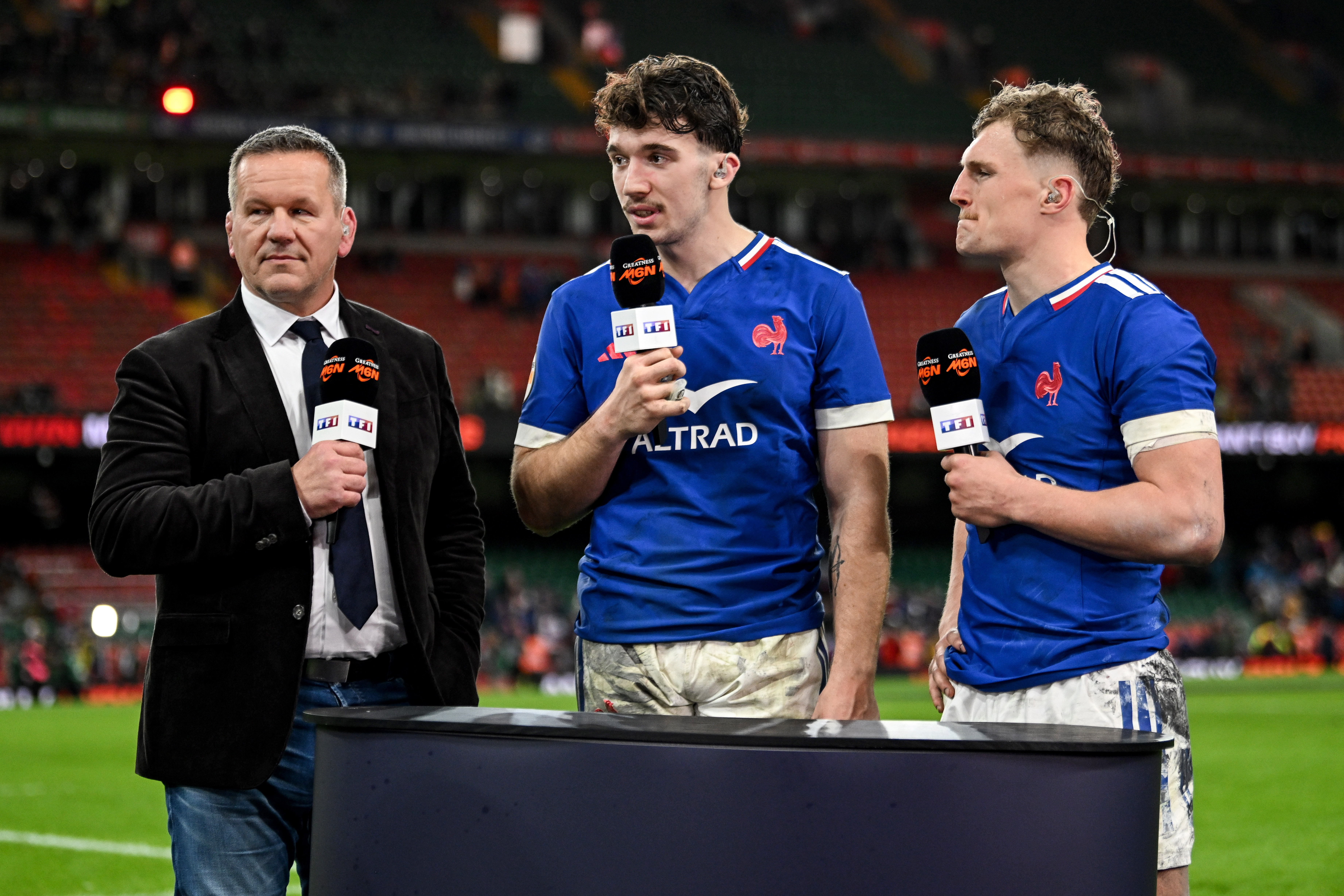 France's Fabien Brau-Boirie and Emilien Gailleton speak to the media pitchside after the 2026 Guinness Men's Six Nations Round 2 win against Wales in the Principality Stadium.,