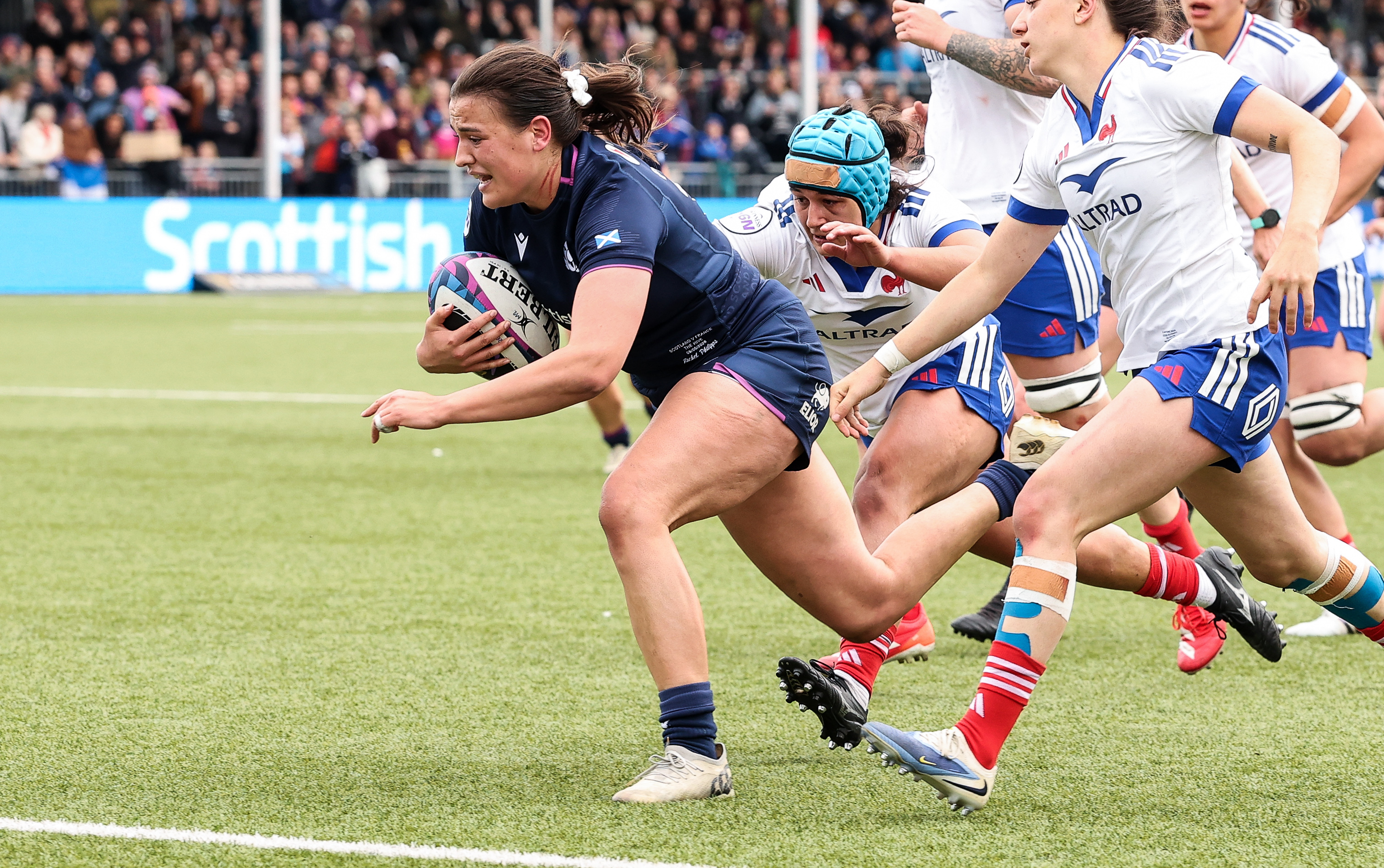 Scotland’s Rachel Philipps about to cross for her side’s second try during the 2026 Guinness Women's Six Nations Championship Round 4 game against France at Hive Stadium, Edinburgh.