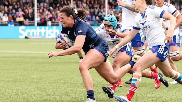 Scotland’s Rachel Philipps about to cross for her side’s second try during the 2026 Guinness Women's Six Nations Championship Round 4 game against France at Hive Stadium, Edinburgh.