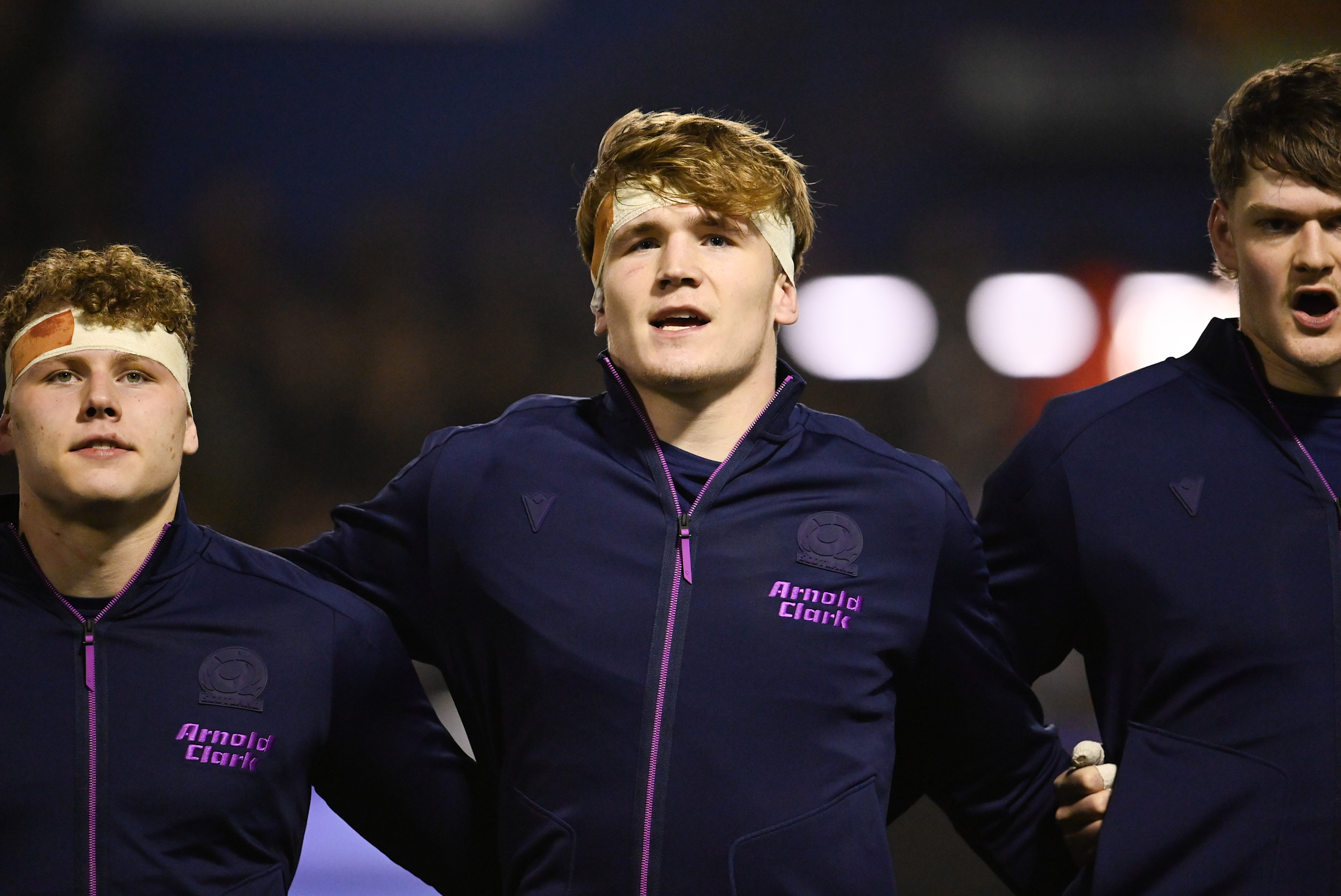 Scotland's Christian Lindsay sings the anthem ahead of the clash with Wales at Cardiff Arms Park during the 2026 Championship.