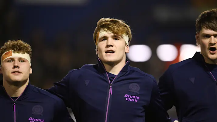 Scotland's Christian Lindsay sings the anthem ahead of the clash with Wales at Cardiff Arms Park during the 2026 Championship.