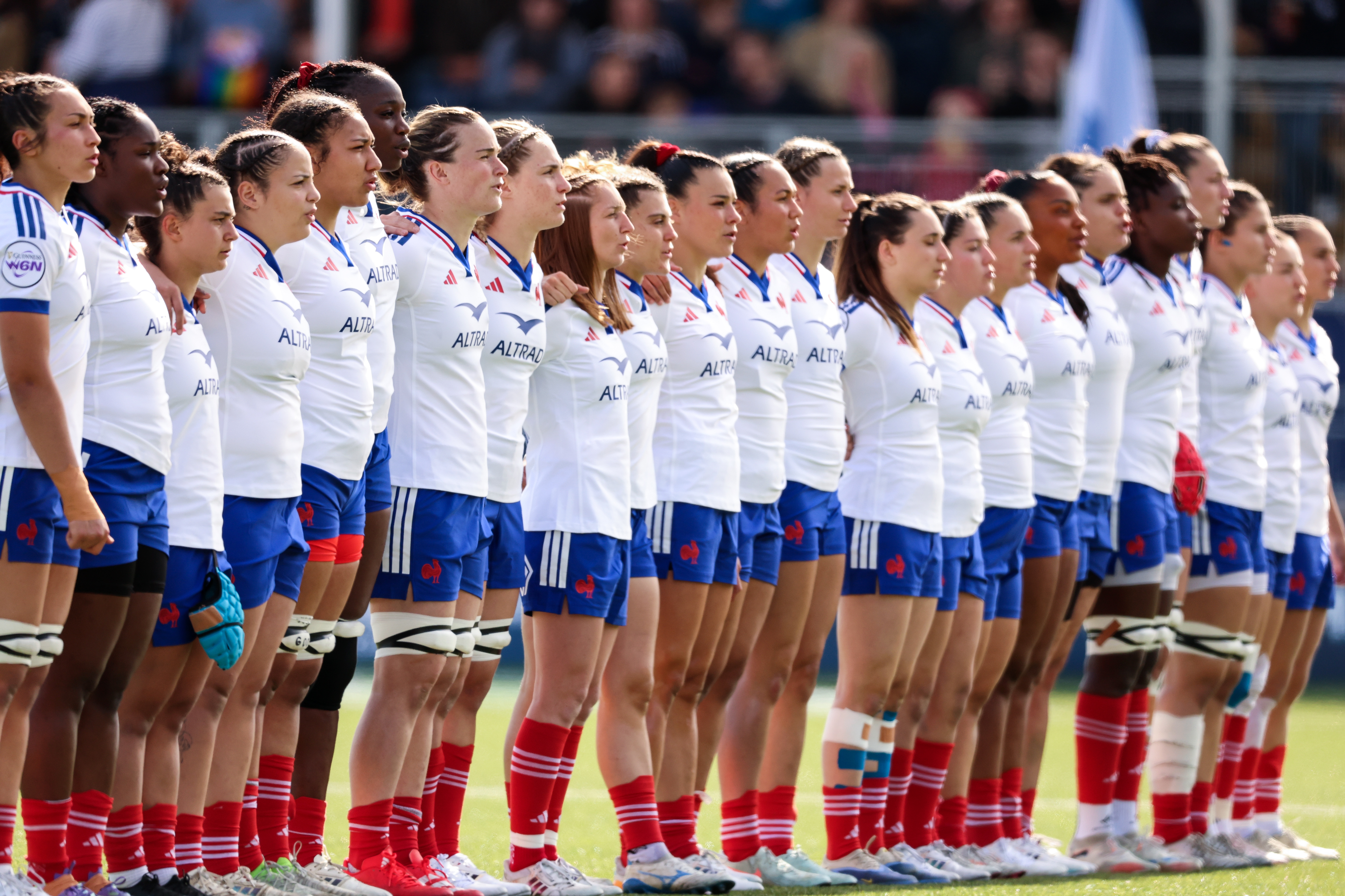 A view of the France team during the anthem ahead of the 2026 Guinness Women's Six Nations Championship Round 4 game between Scotland and France in Hive Stadium, Edinburgh, Scotland, Saturday, May 9, 2026 (Photo by Billy Stickland / Inpho)