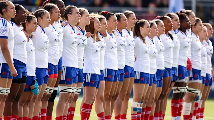 A view of the France team during the anthem ahead of the 2026 Guinness Women's Six Nations Championship Round 4 game between Scotland and France in Hive Stadium, Edinburgh, Scotland, Saturday, May 9, 2026 (Photo by Billy Stickland / Inpho)
