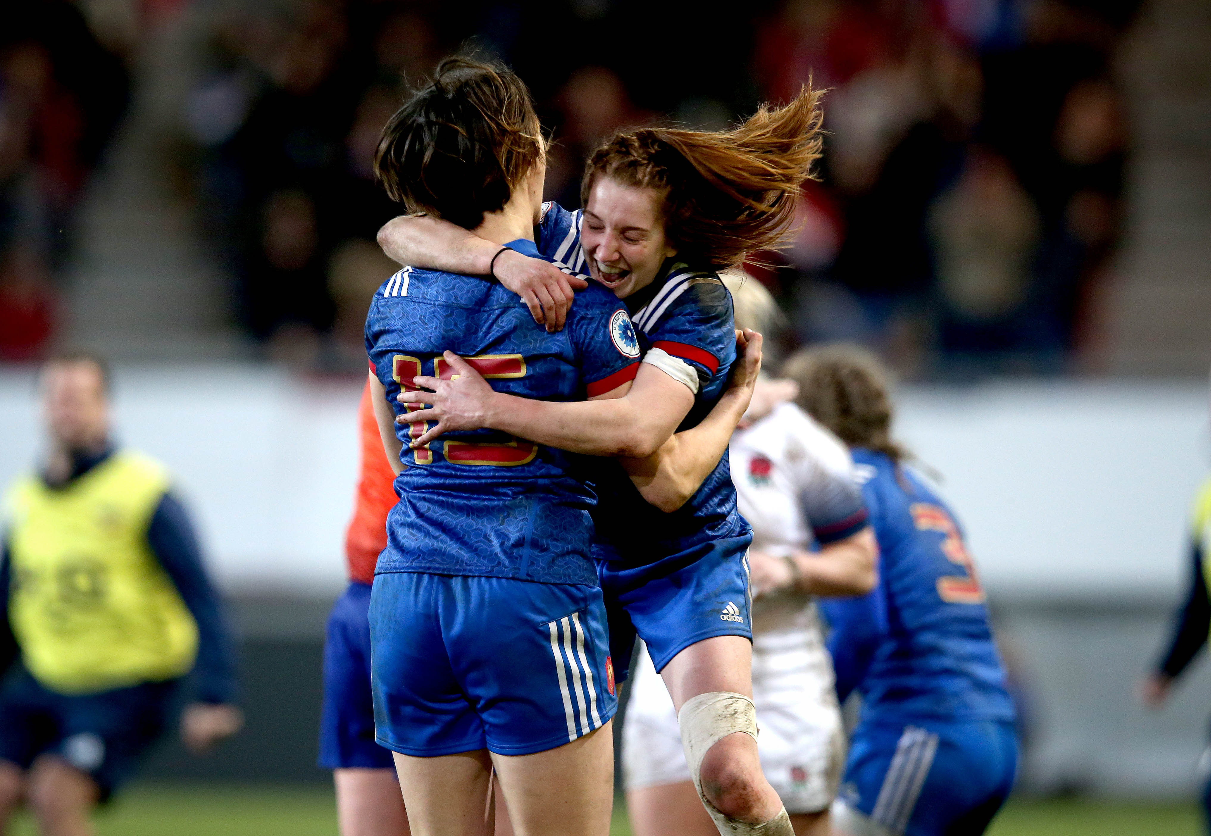 Women's Six Nations Championship Round 4, Stade des Alps, Grenoble, France 10/3/2018 France Women vs England Women France's Jessy Tremouliere and Pauline Bourdon celebrate at the final whistle Mandatory Credit ©INPHO/Ryan Byrne