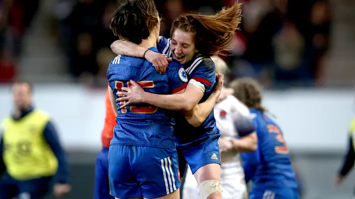 Women's Six Nations Championship Round 4, Stade des Alps, Grenoble, France 10/3/2018 France Women vs England Women France's Jessy Tremouliere and Pauline Bourdon celebrate at the final whistle Mandatory Credit ©INPHO/Ryan Byrne
