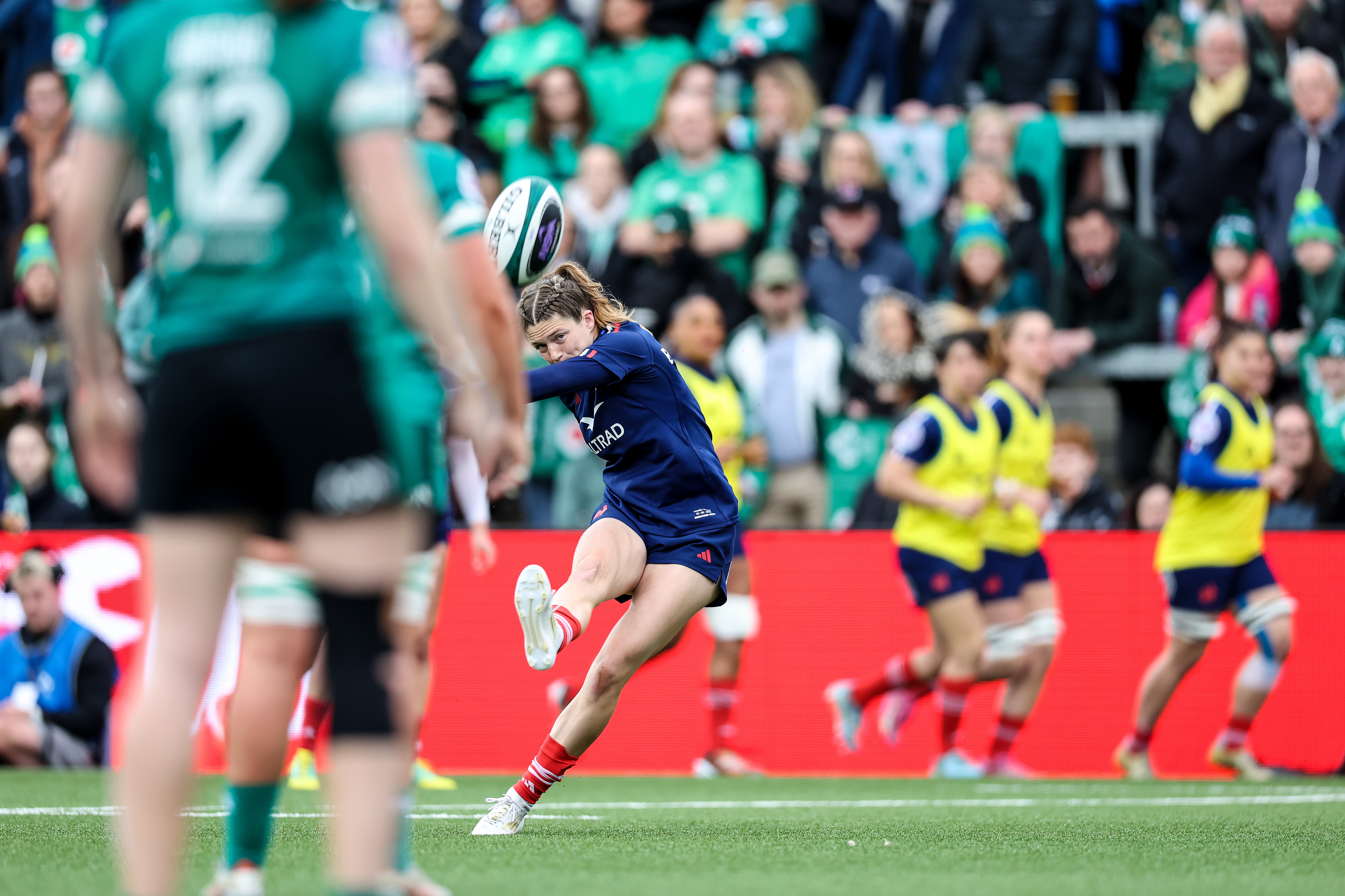 France's Morgane Bourgeois kicks during the 2025 Guinness Women's Six Nations Championship Round 1 game between Ireland and France in the Kingspan Stadium, Belfast, Northern Ireland, Saturday, March 22, 2025 (Photo by Billy Stickland / Inpho)
