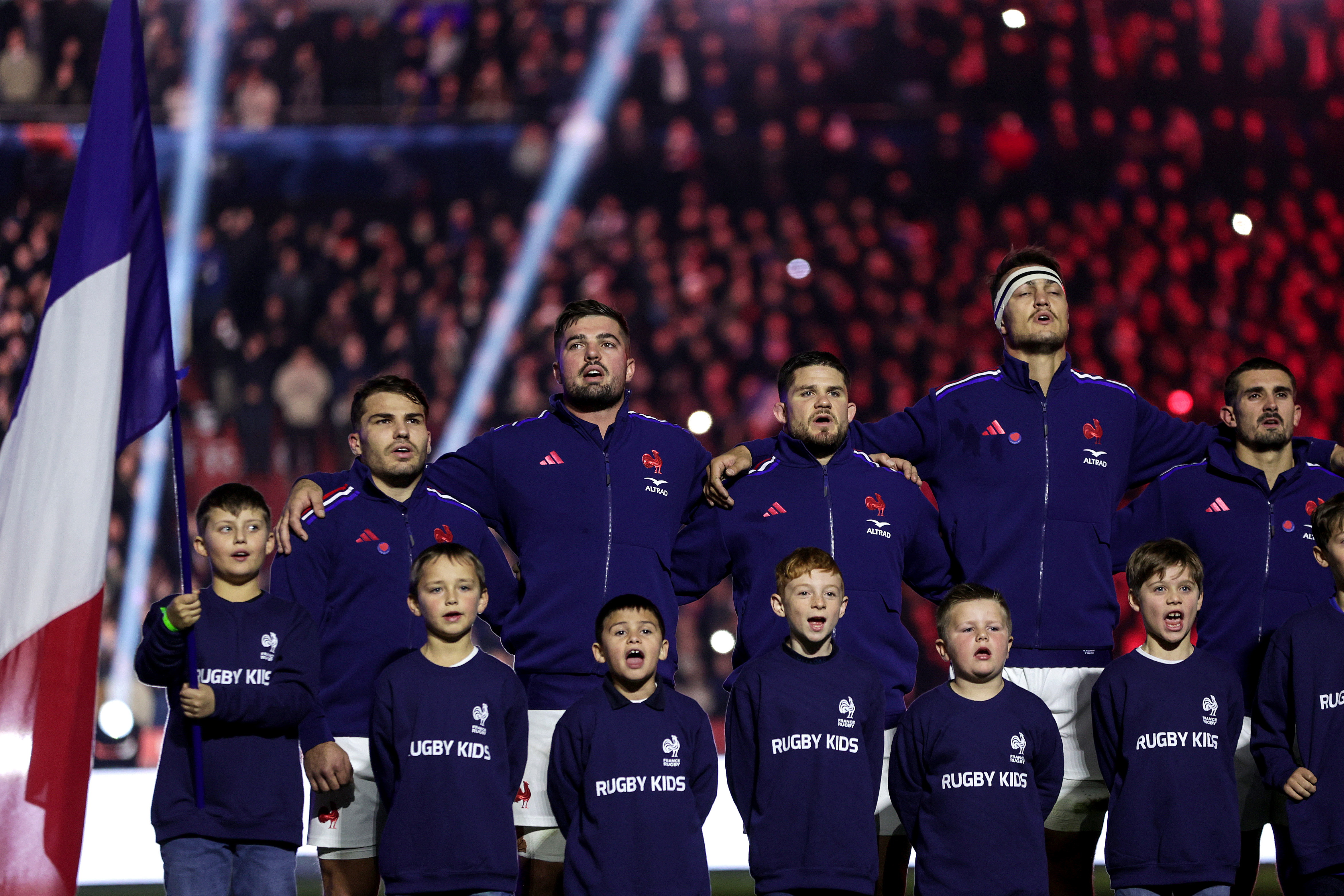 France's Antoine Dupont, Gregory Alldritt, Julien Marchand, Alexandre Roumat and Thomas Ramos during the National Anthemduring the Autumn Nations Series between France and New Zealand at Stade de France, Paris, France Saturday, November 16th, 2024 (Photo by Laszlo Geczo / Inpho)